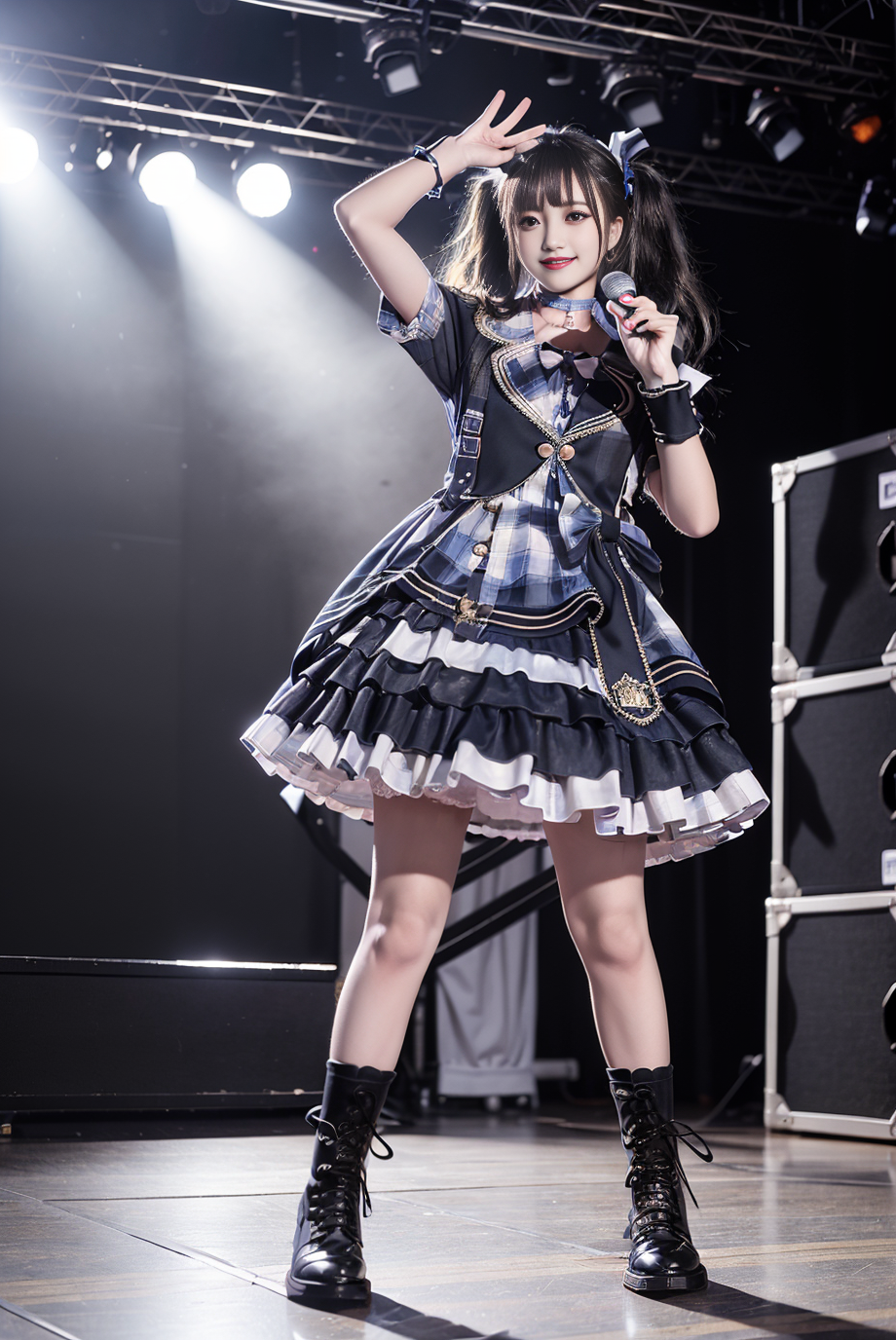 00073-4206965963-realistic, photorealistic, masterpiece, best quality, idol_costume, knee boots, 1girl, solo, smile, idol, full body, looking at.png